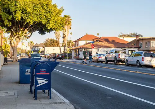 Blue USPS mail boxes.